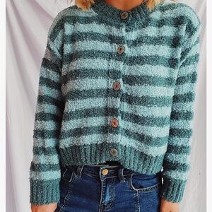 Women's Striped Cardigan Sweaters Long Sleeve Button Down Crewneck Tops Casual